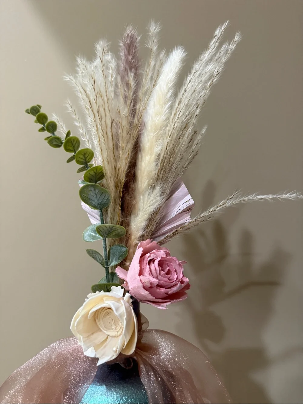 Color shifting vase Dusty Pink and Cream Wood & Dried Floral Arrangement